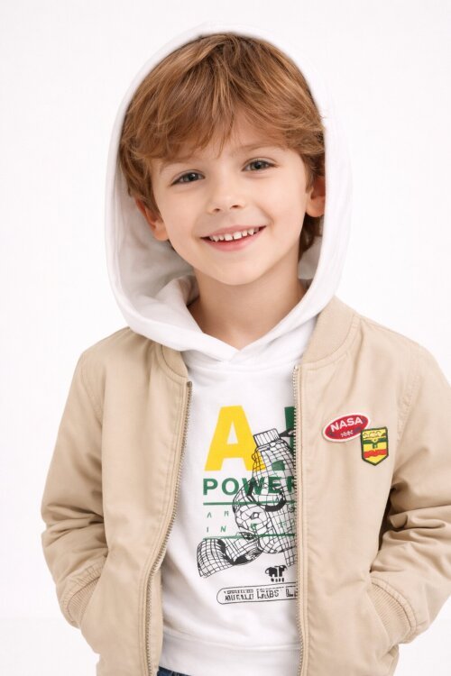 Kahverengi Nakışlı Ceketli Jean Pantolonlu Erkek Çocuk Kapşonlu 3lü Takım 23526