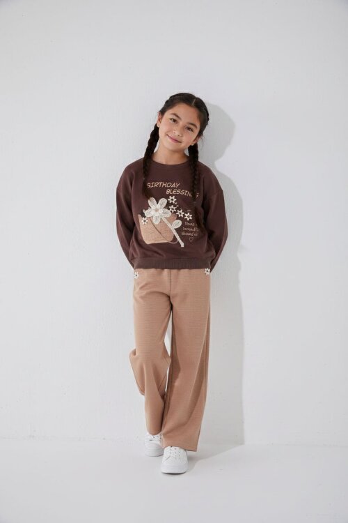 Kahverengi Papatya Nakış Detaylı Jean Pantolonlu Kız Çocuk 2li Takım 23514