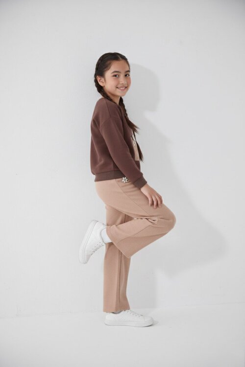 Kahverengi Papatya Nakış Detaylı Jean Pantolonlu Kız Çocuk 2li Takım 23514