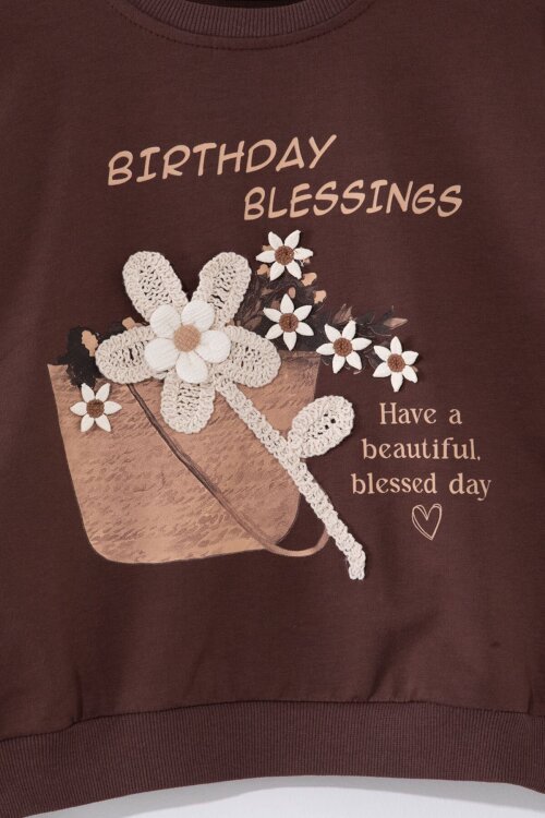 Kahverengi Papatya Nakış Detaylı Jean Pantolonlu Kız Çocuk 2li Takım 23514