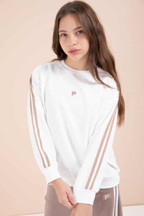 Kahverengi Şerit Detaylı Geniş Paça Nakışlı Kız Oversize Eşofman Takımı 23455