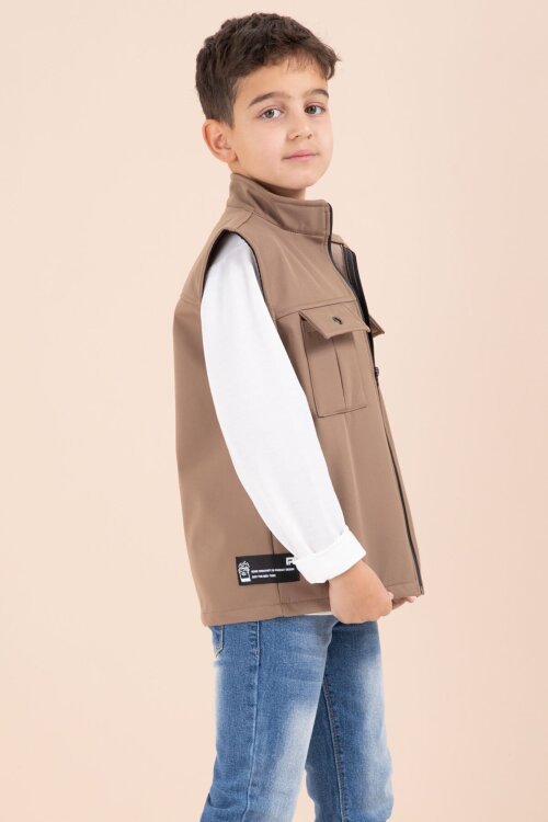 Kahverengi Sıfır Kol Yelekli Badili Erkek Çocuk 3lü Pantolonlu Takım  23487