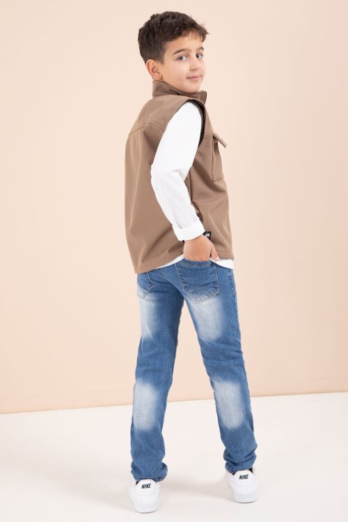 Kahverengi Sıfır Kol Yelekli Badili Erkek Çocuk 3lü Pantolonlu Takım  23487