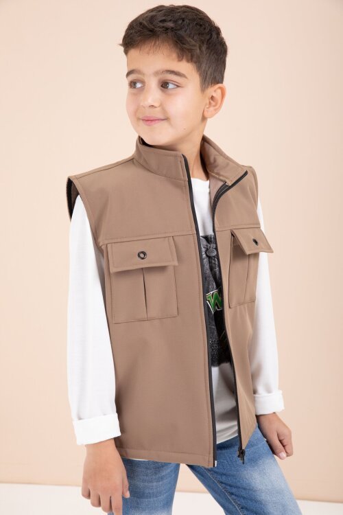 Kahverengi Sıfır Kol Yelekli Badili Erkek Çocuk 3lü Pantolonlu Takım  23487
