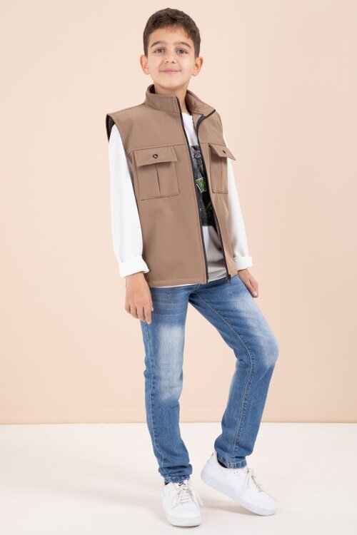 Kahverengi Sıfır Kol Yelekli Badili Erkek Çocuk 3lü Pantolonlu Takım  23487