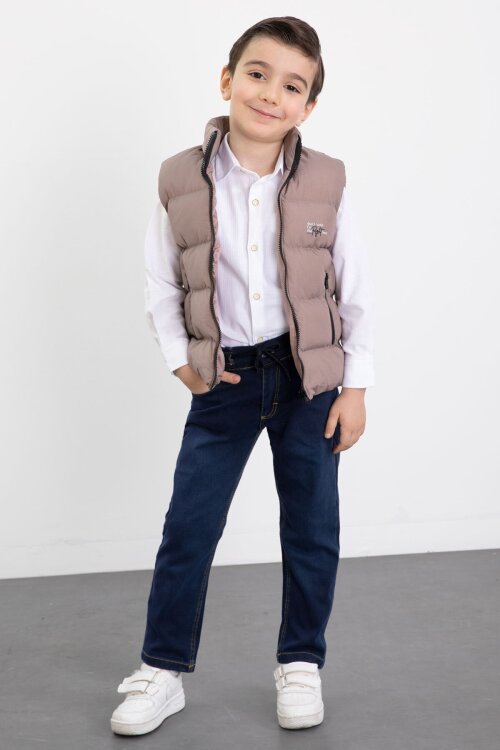 Kahverengi Şişme Yelekli Gömlekli Erkek Çocuk 3lü Pantolonlu Takım 23473