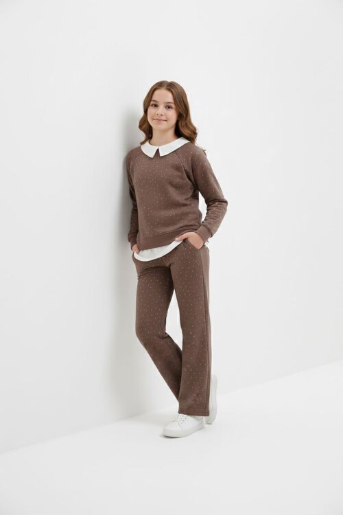 Kahverengi Taş Detaylı  Pantolonlu Kız Çocuk 3lü Gömlekli Takım 23626