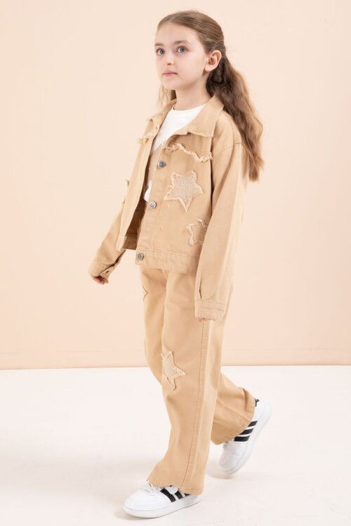Kahverengi Taşlı Yıldız Nakışlı Jean Ceketli 3lü Pantolonlu Kız Takım 23436