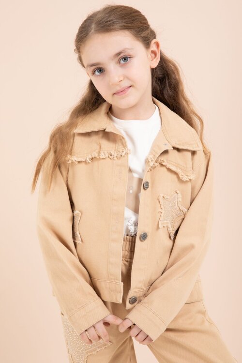 Kahverengi Taşlı Yıldız Nakışlı Jean Ceketli 3lü Pantolonlu Kız Takım 23436