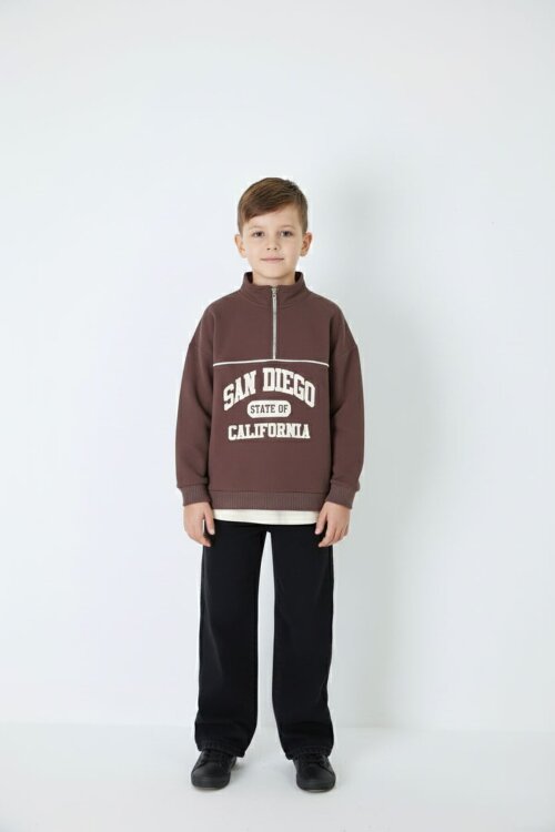 Kahverengi Yazı Baskılı Yarım Fermuar Sweatshirt ve Pantolonlu Erkek Takım  23510