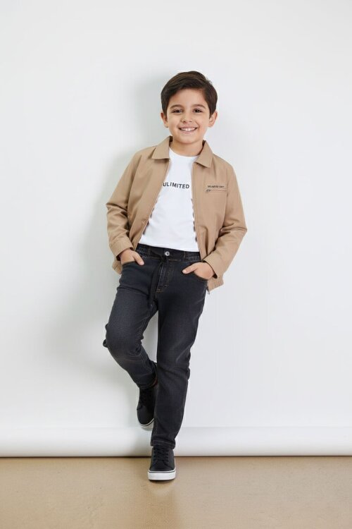Kahverengi Yazılı Ceketli Jean Pantolonlu Erkek Çocuk 3lü Takım 23375