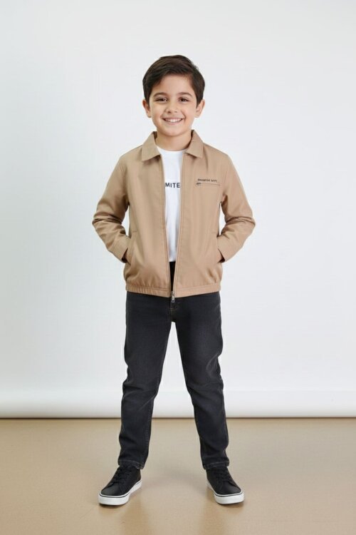 Kahverengi Yazılı Ceketli Jean Pantolonlu Erkek Çocuk 3lü Takım 23375