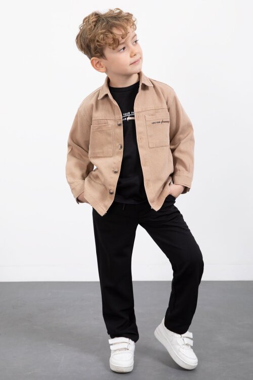 Kahverengi Yazılı Düğmeli Gömlekli Erkek Çocuk Pantolonlu 3lü Takım  23371