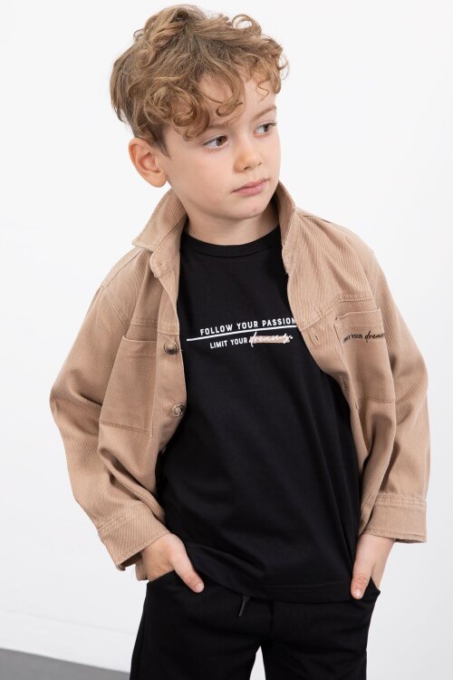 Kahverengi Yazılı Düğmeli Gömlekli Erkek Çocuk Pantolonlu 3lü Takım  23371