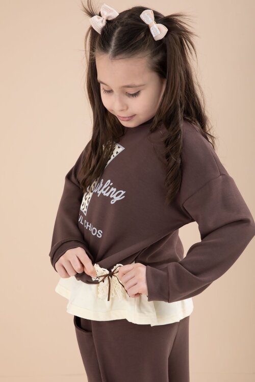 Kahverengi Yırtmaçlı Pantolonlu Fiyonklu Yazılı Badili Kız Çocuk 2li Takım 23596