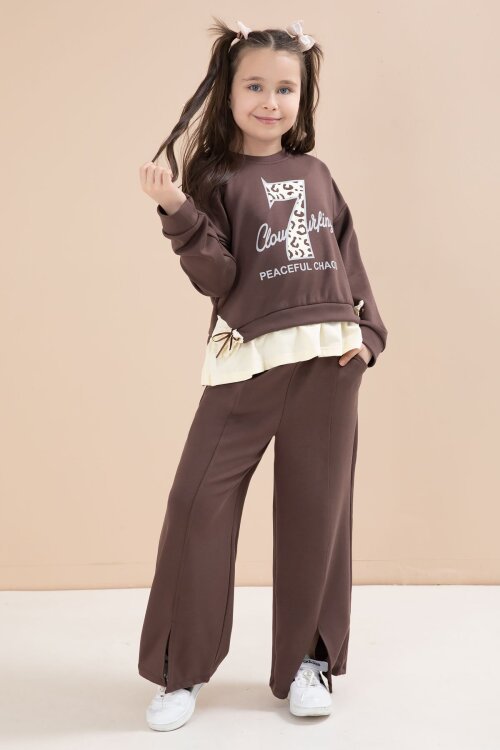 Kahverengi Yırtmaçlı Pantolonlu Fiyonklu Yazılı Badili Kız Çocuk 2li Takım 23596