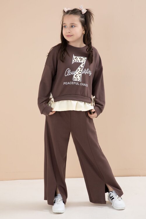 Kahverengi Yırtmaçlı Pantolonlu Fiyonklu Yazılı Badili Kız Çocuk 2li Takım 23596
