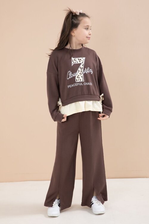 Kahverengi Yırtmaçlı Pantolonlu Fiyonklu Yazılı Badili Kız Çocuk 2li Takım 23596