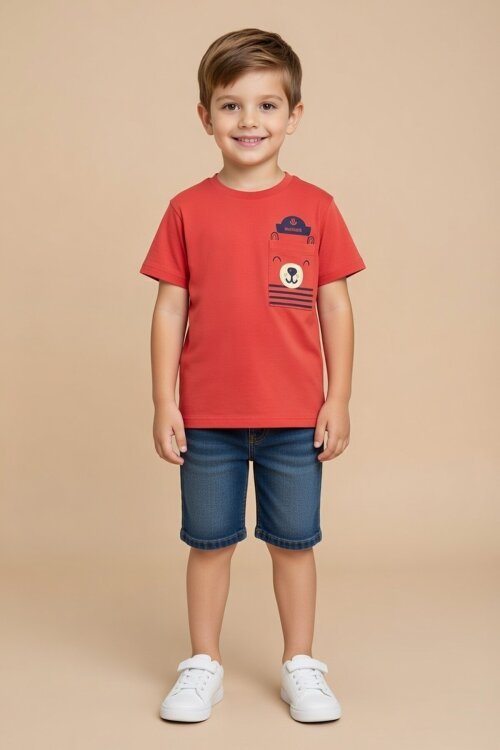 Kiremit Ayıcık Baskılı Cepli Erkek Bebek Tişört 20933