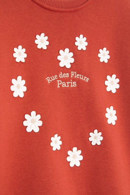 Kiremit Çiçek Nakışlı Şardonlu Kız Çocuk Geniş Paça Eşofman Takımı 23348