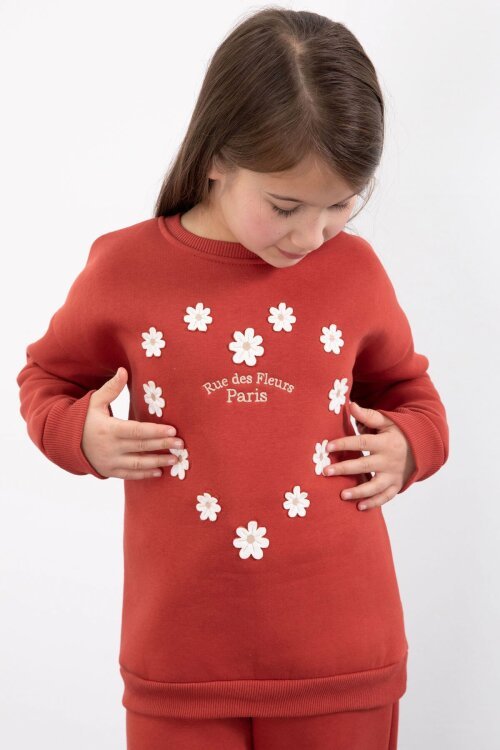 Kiremit Çiçek Nakışlı Şardonlu Kız Çocuk Geniş Paça Eşofman Takımı 23348