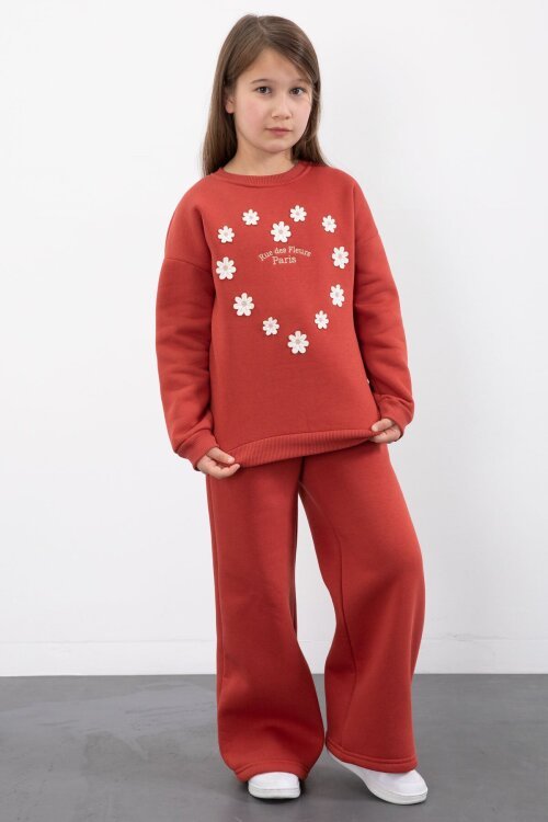 Kiremit Çiçek Nakışlı Şardonlu Kız Çocuk Geniş Paça Eşofman Takımı 23348