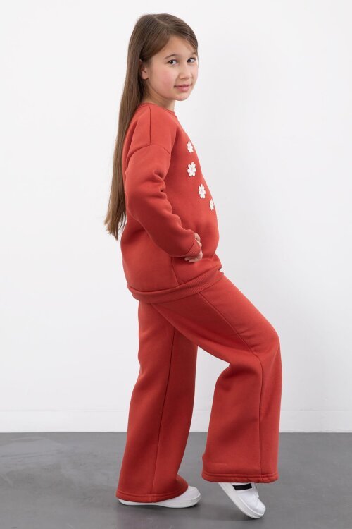 Kiremit Çiçek Nakışlı Şardonlu Kız Çocuk Geniş Paça Eşofman Takımı 23348