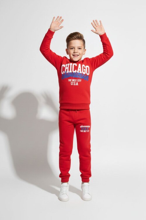 Kırmızı Chicago Baskılı Bisiklet Yaka Erkek Çocuk 2li Eşofman Takımı 22730