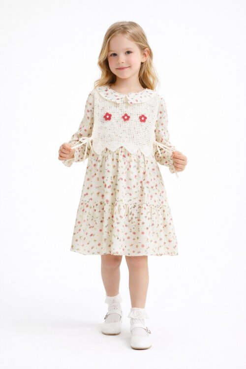 Kırmızı Çiçek Desenli Nakışlı Süveterli Kız Çocuk Müslin Elbise  23578