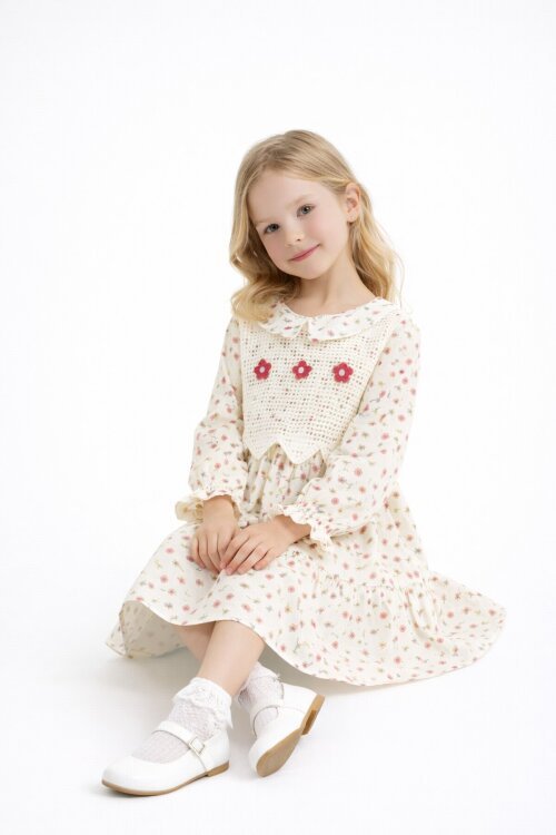 Kırmızı Çiçek Desenli Nakışlı Süveterli Kız Çocuk Müslin Elbise  23578