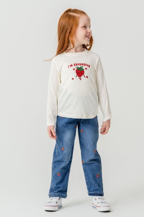 Kırmızı Çilek Nakışlı Jean Ceketli Pantolonlu Kız Çocuk 3lü Takım 23430