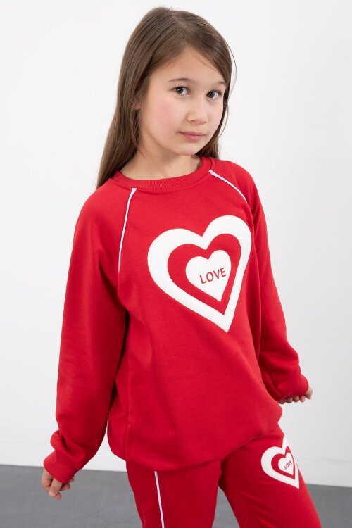 Kırmızı Kalp Desenli Kız Çocuk Şeritli Eşofman Takımı 23345