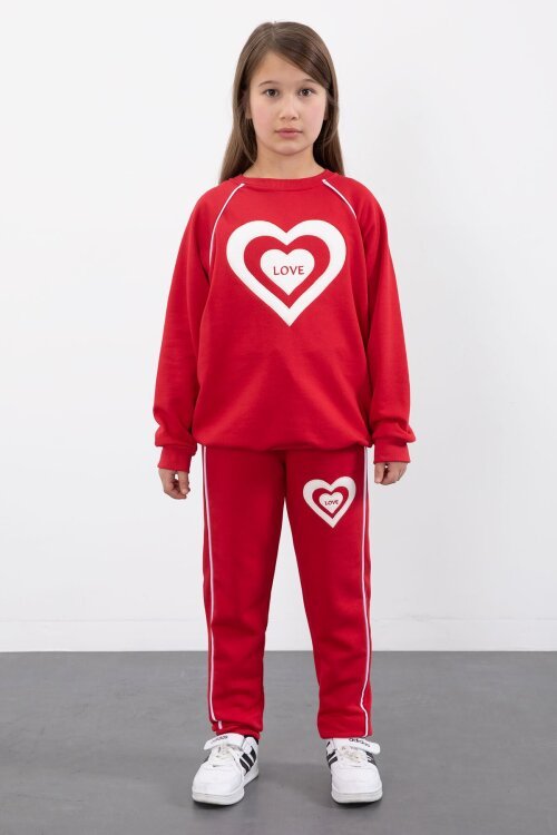 Kırmızı Kalp Desenli Kız Çocuk Şeritli Eşofman Takımı 23345