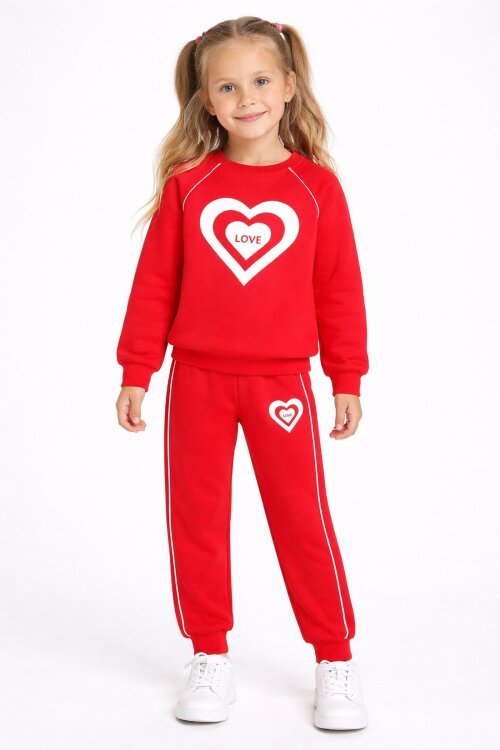 Kırmızı Kalp Desenli Kız Çocuk Şeritli Eşofman Takımı 23345