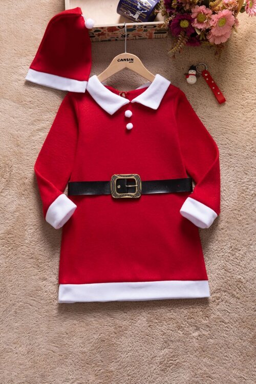 Kırmızı Kız Çocuk Yılbaşı Temalı Şapkalı Elbise  23326