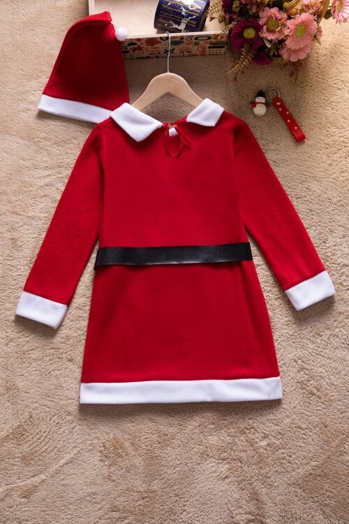 Kırmızı Kız Çocuk Yılbaşı Temalı Şapkalı Elbise  23326