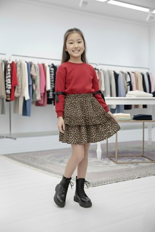 Kırmızı Kolları Fiyonk Detaylı Badili Leopar Etekli Kız Çocuk Takım 20188