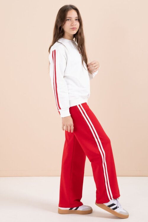 Kırmızı Şerit Detaylı Geniş Paça Nakışlı Kız Oversize Eşofman Takımı 23454
