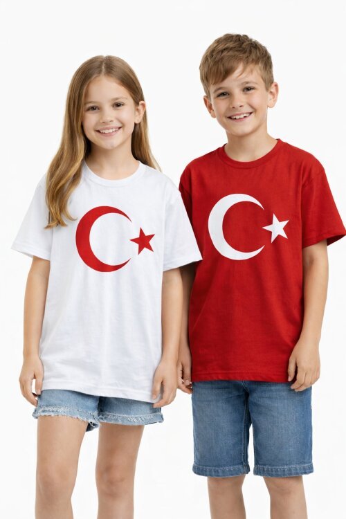Kırmızı Türk Bayrağı Baskılı Bisiklet Yaka Çocuk T-shirt 20552