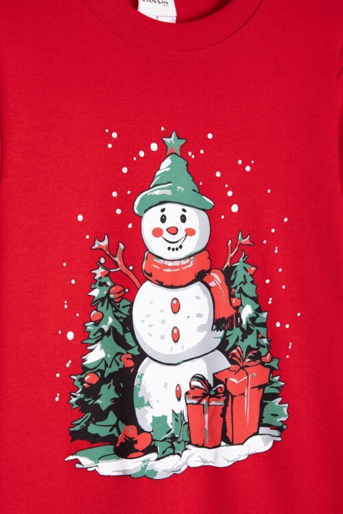 Kırmızı Yılbaşı Temalı Uzun Kol Çocuk Pijama Takımı 23397