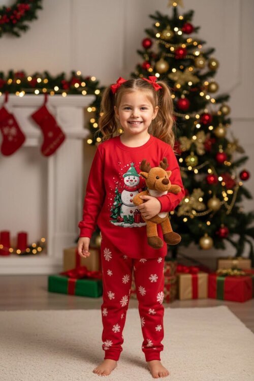 Kırmızı Yılbaşı Temalı Uzun Kol Çocuk Pijama Takımı 23397