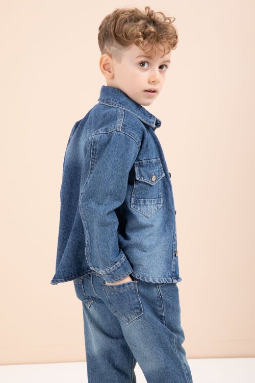 Koyu Mavi Düğmeli Jean Ceketli Pantolonlu Erkek Çocuk 3lü Takım 23629