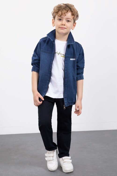 Koyu Mavi Fermuarlı Jean Ceketli Pantolonlu 3lü Erkek Çocuk Takım 20141