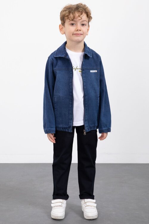 Koyu Mavi Fermuarlı Jean Ceketli Pantolonlu 3lü Erkek Çocuk Takım 20141