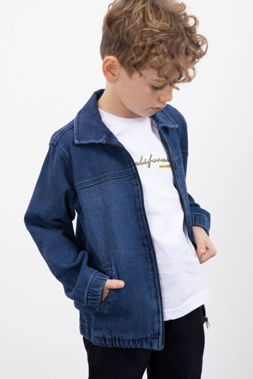 Koyu Mavi Fermuarlı Jean Ceketli Pantolonlu 3lü Erkek Çocuk Takım 20141