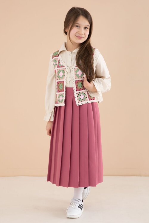 Koyu Pembe Çiçek Desen Örgü Süveterli Gömlekli Kız Çocuk Etekli 3lü Takım  23584