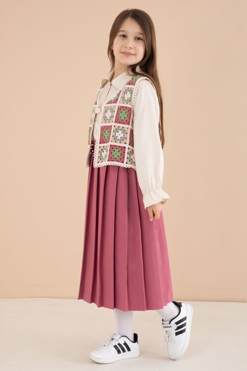 Koyu Pembe Çiçek Desen Örgü Süveterli Gömlekli Kız Çocuk Etekli 3lü Takım  23584