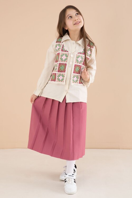 Koyu Pembe Çiçek Desen Örgü Süveterli Gömlekli Kız Çocuk Etekli 3lü Takım  23584