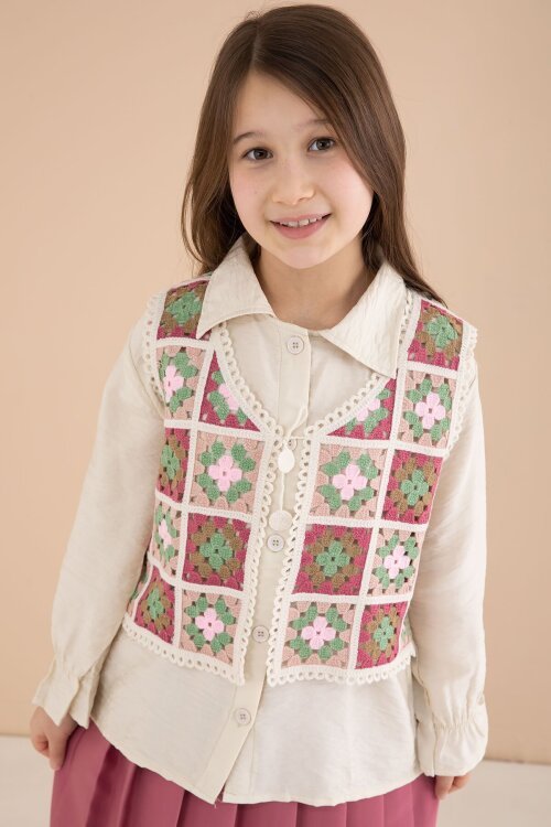 Koyu Pembe Çiçek Desen Örgü Süveterli Gömlekli Kız Çocuk Etekli 3lü Takım  23584