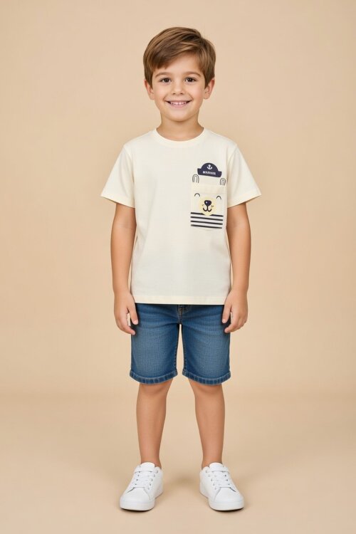 Krem Ayıcık Baskılı Cepli Erkek Bebek Tişört 20937